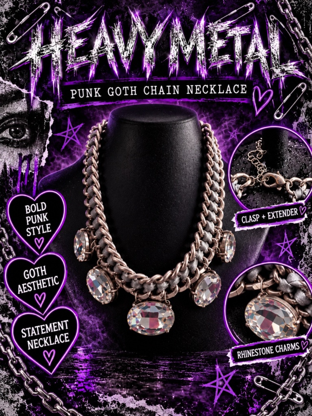 Heavy Metal Punk Goth Chunky Chain Rhinestone Statement Necklace